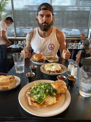 Goat cheese frittata, hash, bacon avocado burger