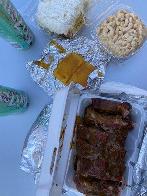 Babyback ribs, Mac and cheese, coconut cake, corn bread