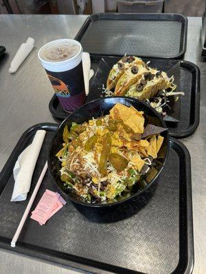 Pork taco salad and 3 hard shell tacos with ground sirloin and tea