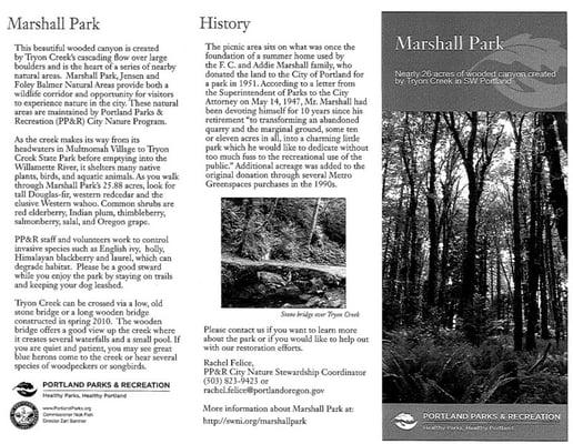 Brochure provided by Portland Parks, Friends of Marshall and Maricara Parks, and Marshall Park Neighborhood Association.