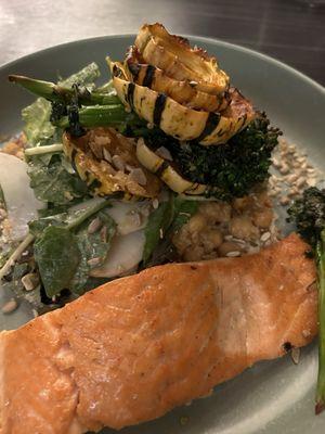 Summit Bowl which is vegan (but I added salmon). This recipe has whipped tahini, squash, and broccolini. Absolutely delicious!