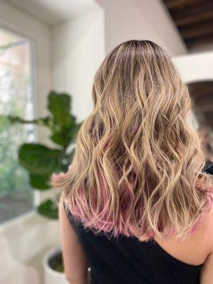 Blonde highlights with subtle pink at the bottom  By chantel @chantelmakemepretty