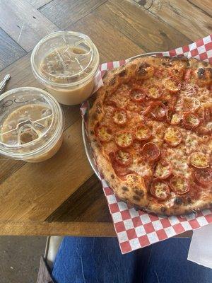 Pepperoni pizza (coffee from heirloom)