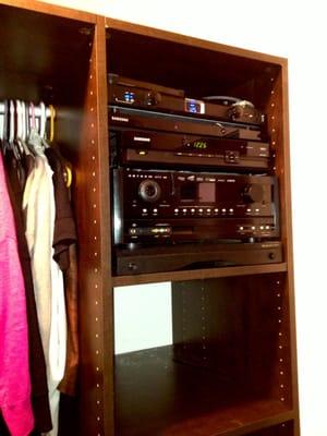 Equipment in closet on rotating shelf.  TV is across apartment in living room