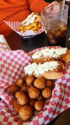 English dogs with everything, fries, and fried mushrooms