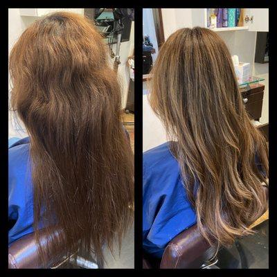 From a solid reddish tone transformed into a light brown with baby highlights.