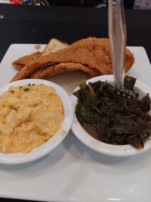 Whiting, Mac and cheese and greens