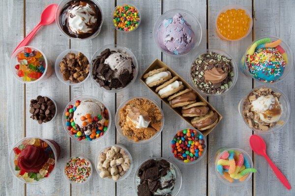 We have 8 ice cream flavors, 6 soft serve frozen yogurt flavors, and 30+ toppings to choose from!