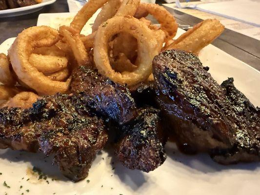 Steak tips and onion rings