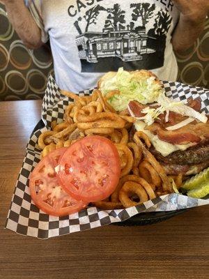 Bacon cheeseburger with curly fries