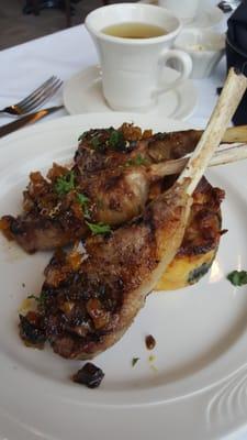 Lamb chops with pear and fig, side of kale and gruyere brioche bread pudding