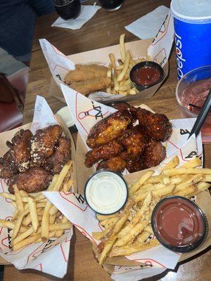 Garlic parm, sweet chili wings with fries