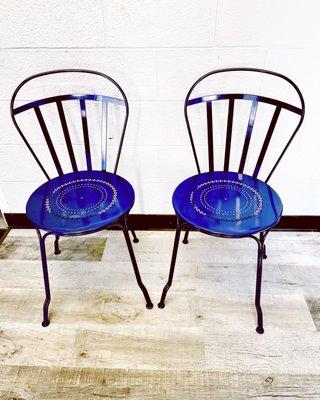 These two chairs were blasted, zinc primer and powder coated blue. There was a small folding table that is missing from this picture.