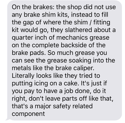 Description of unsafe brake job done by this shop, from the mechanic who did our VA safety inspection