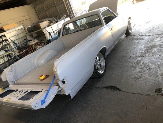 1967 El Camino. Body worked and primed by owner. We only did the refinishing process.