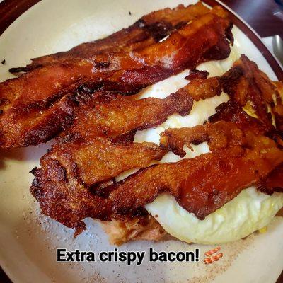 Hub's French toast topped with eggs & extra crispy bacon - 2/18/2024