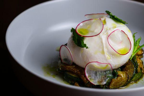 Burrata alla Scapece - fried and marinated zucchini with garlic, mint, white vinegar