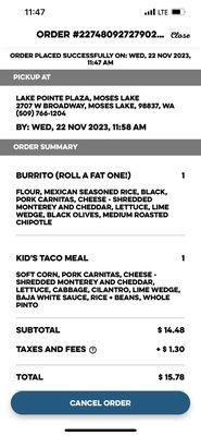 First time mobile ordering through the Taco Del Mar App. 11/22/2023