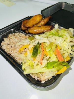 Jamaican styled Steamed Cabbages and Fried Plantains, On a bed of Rice and Beans