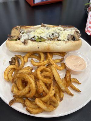 Philly steak with curly fries