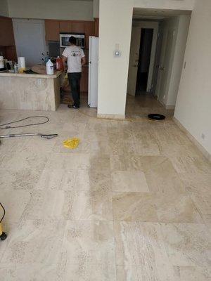 Re-grind Travertine surface in preparation for "matte" finish.