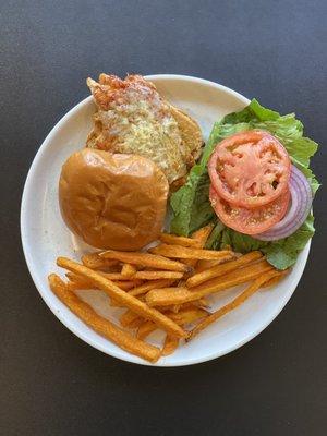 Honey Sriracha Chicken Sandwich with Sweet Potato Fries