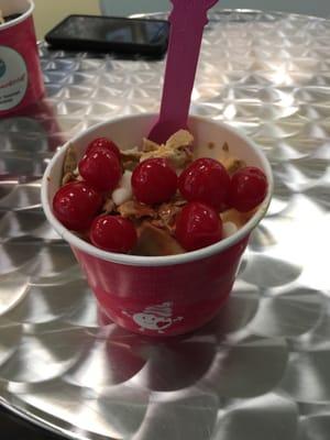 Pumpkin pie and cheesecake froyo. Cherries. Waffle chips. White chocolate chips. Yum!!