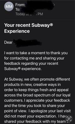 Laughable response from Subway corporate.