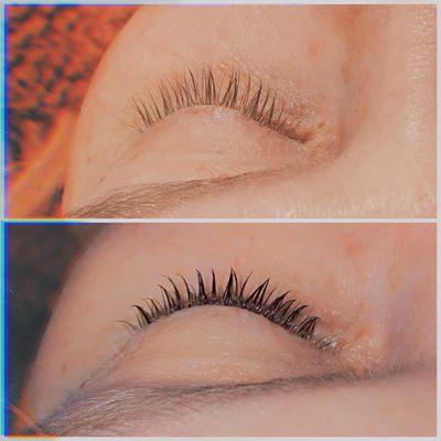 Top Before: Bare lashes naturally blonde, Bottom After: Keratin Lash Lift + Lash Color Enhancement