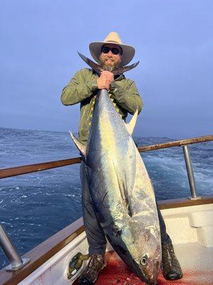 Personal best blue fin tuna. Caught with help of Fortune crew. Flying the kite, just before dark and I drew the last number of the day!