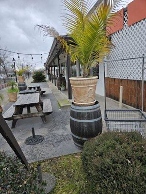 The outdoor dining patio, in front