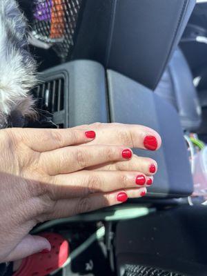 My manicure and pedicure gel the color red ( 007 number at this salon )