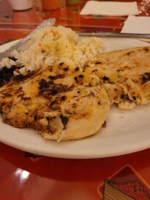 Pupusa dinner with rice & black beans.