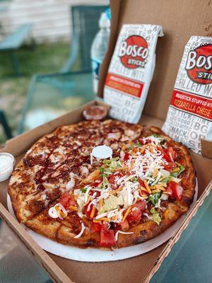 Half BLT Half Bbq chicken pizza and bosco sticks