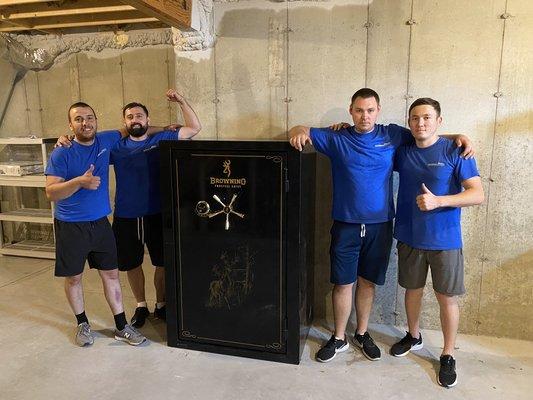 The 900lb gun safe was safely moved into the basement!