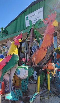 Metal sculptures out front