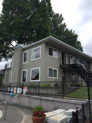 New windows in newly renovated Waverly Surf Apts facing river with pool view.