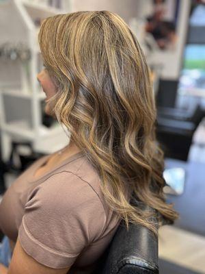 Golden blonde highlights, grey coverage medium brown long layers haircut