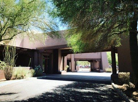 Beautiful desert landscaped front entry way of the Funeral Home