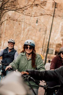 Family bike ride through downtown Ashveille.