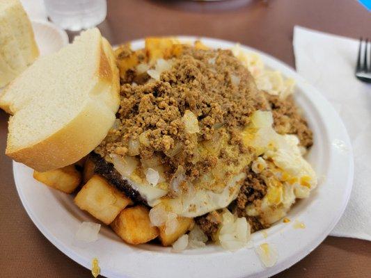 Cheeseburger Garbage Plate with "Everything" (homefries)