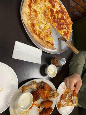 Large pizza and Buffalo Wings