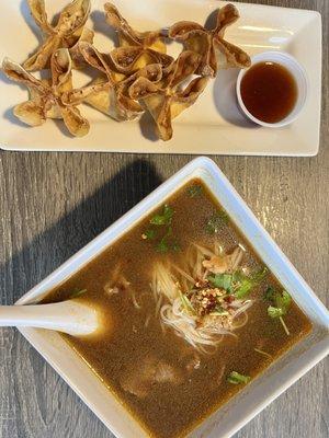 Crab Rangoon and Thai pho with steak