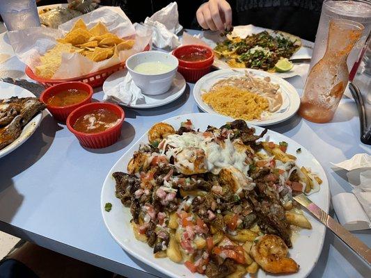 Carne Asada & Shrimp Fries, Cheese Dip, salsa