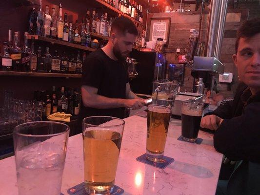 Beers lined up at the bar