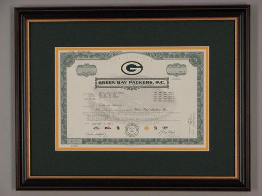 Green Bay Packer Owner Stock cert.