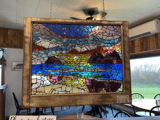 Gorgeous stain glass art of their unique view @ Roseanna's Cafe in Oceanside, OR.