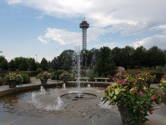 The Elitch Gardens Observation Tower stands above this water feature.