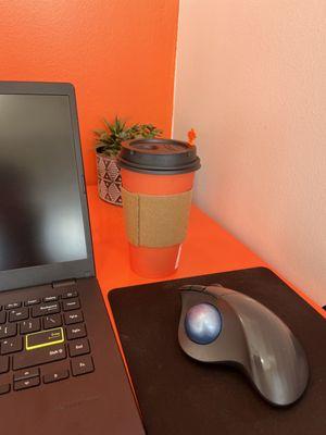 working on corner table with matcha latte - cool colors in here - thoughtful & creative