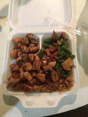 Bourbon chicken spicy rice and green beans delicious!